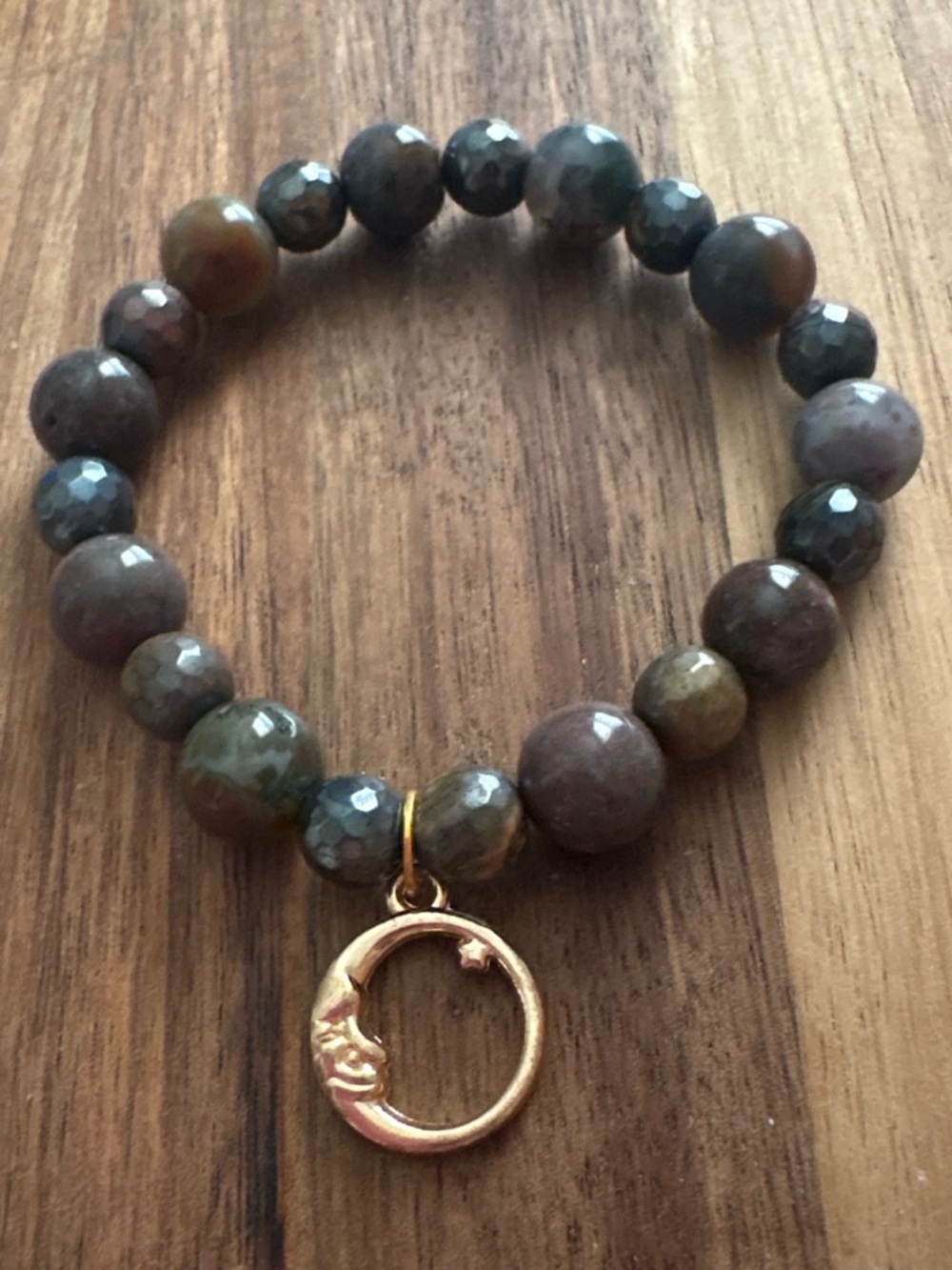 Handmade Beaded Moon Charm Bracelet w/ Indian Agate & Plated Tigers Eye